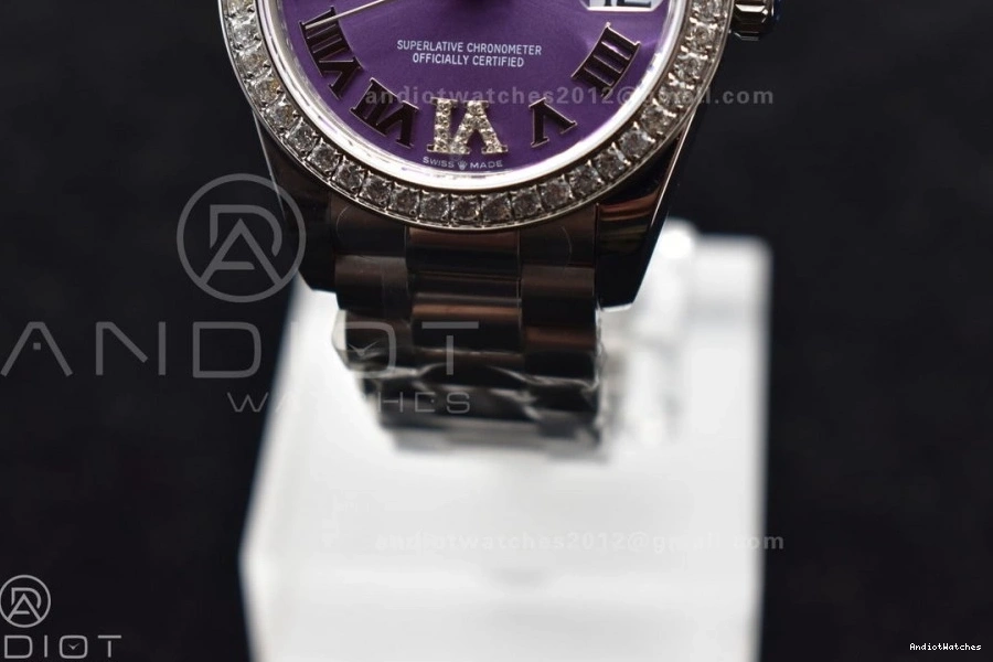 278289 President Purple Steel Diamonds DateJust Roman 552 Ladies Bezel Dial 316L BPF Contemporary on Markers Style 31 Bracelet 0512
